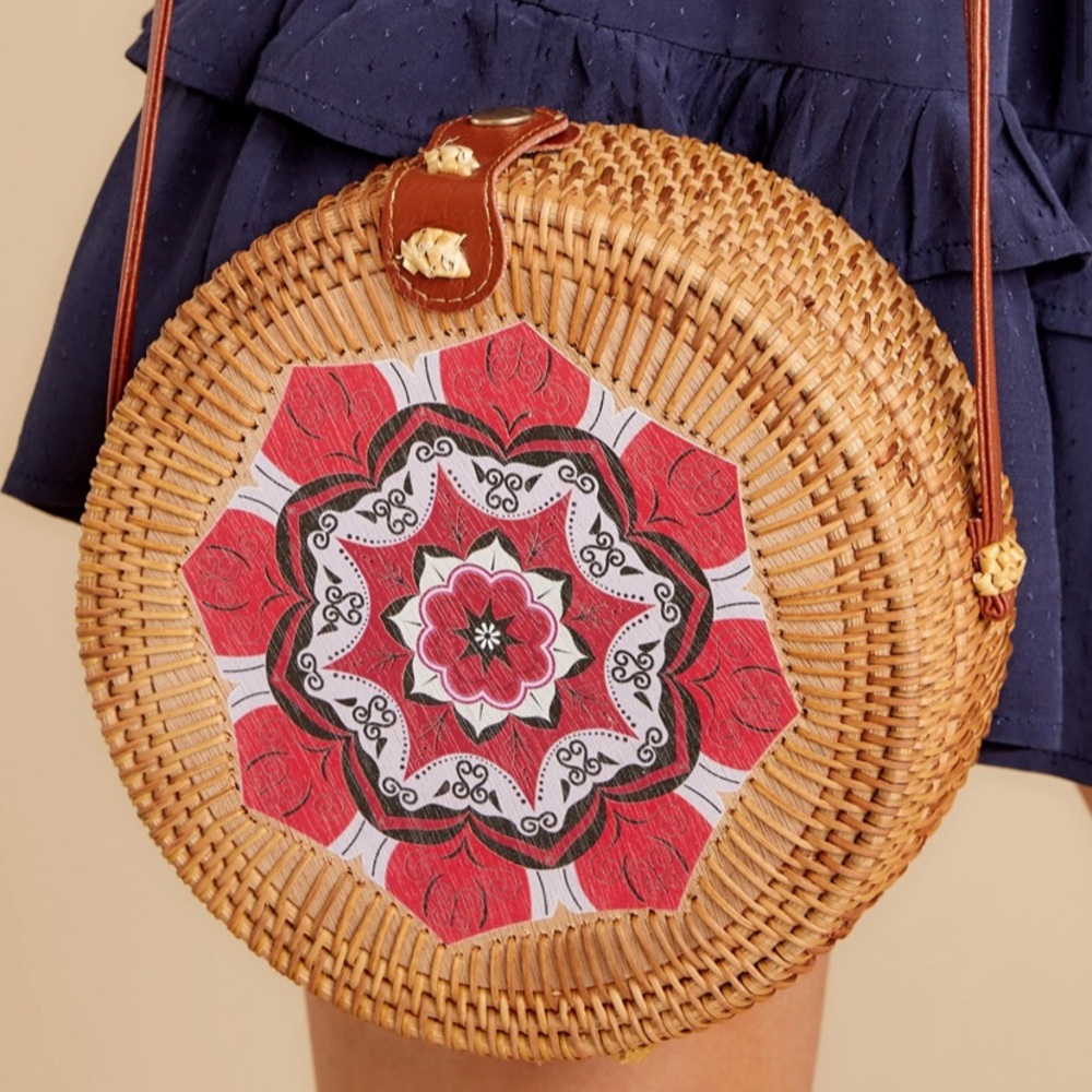 NWT Mandala Round Rattan Wicker Red Geometric Floral Crossbody Bag